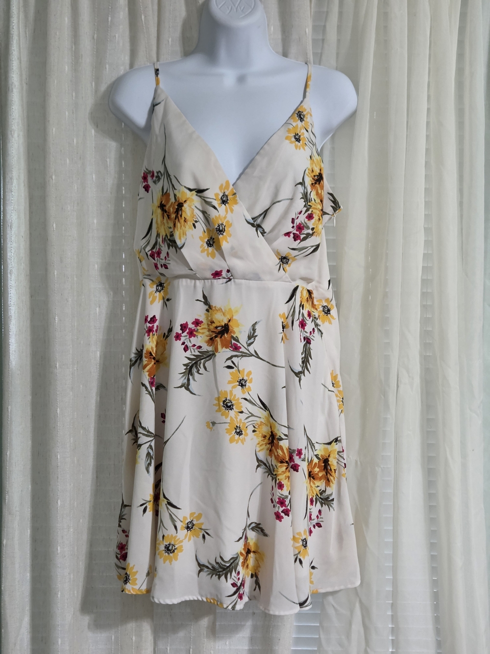 Express Cream Floral Spaghetti-Strap Mini Dress with Yellow Blooms